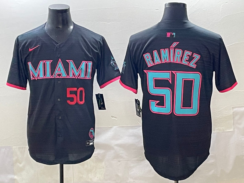 Men 2025 Miami Marlins #50 Ramirez black Nike MLB jersey style 52